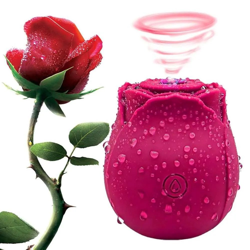 The rose vibrator;  a red rose with thorns is beside a rosebud shaped, deep pink silicon device.