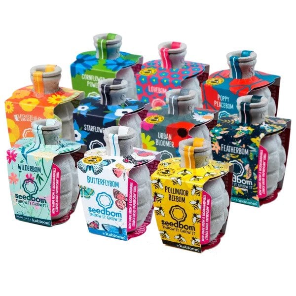 Seed bomb multipack: Ten papier mache grenades with colorful labels
