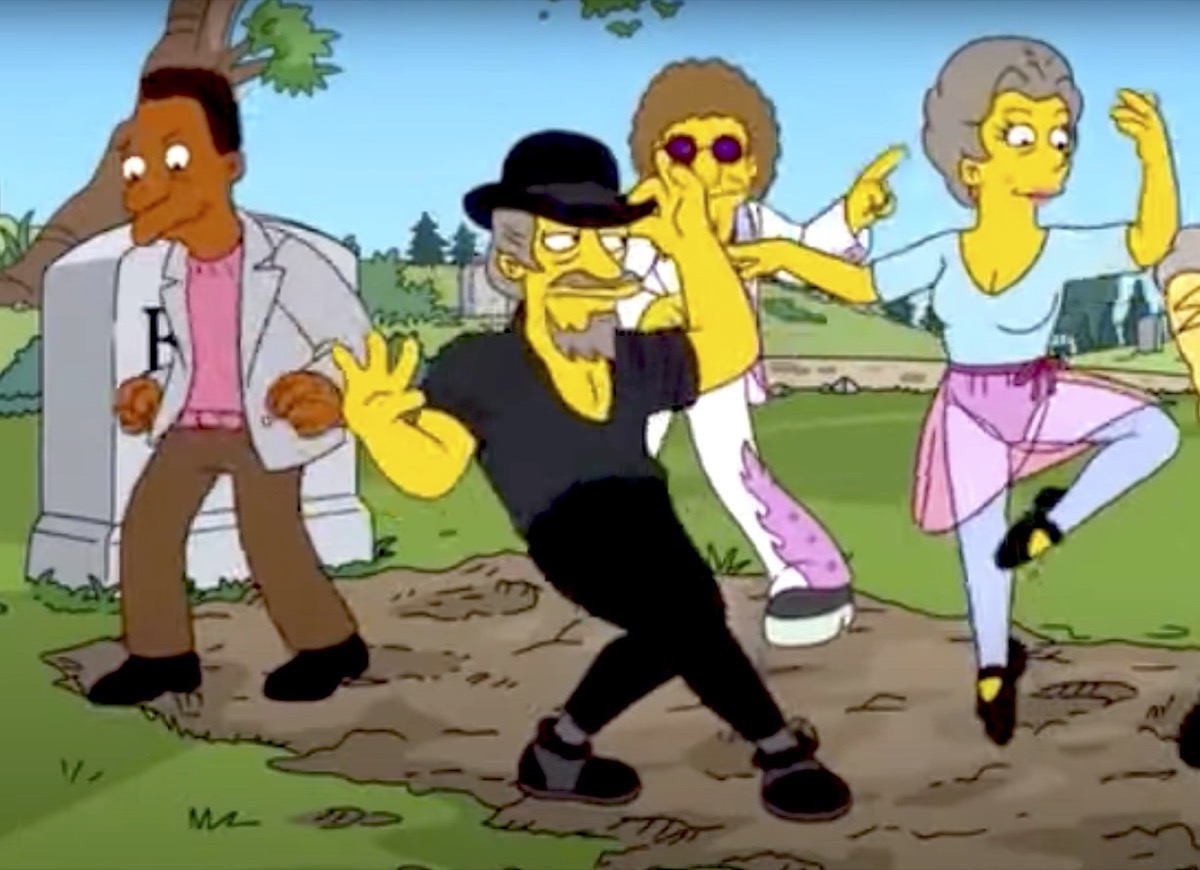 Characters dance on Mr. Burns' grave on The Simpsons.