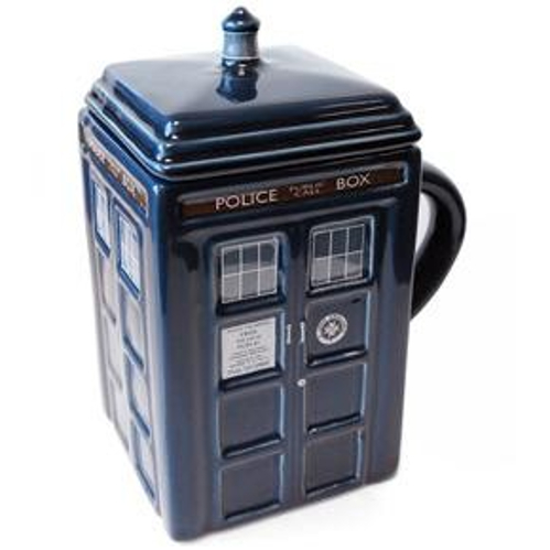 A Tardis mug with a lid. Its a rectangular box shape with police box written above the windows on the side.