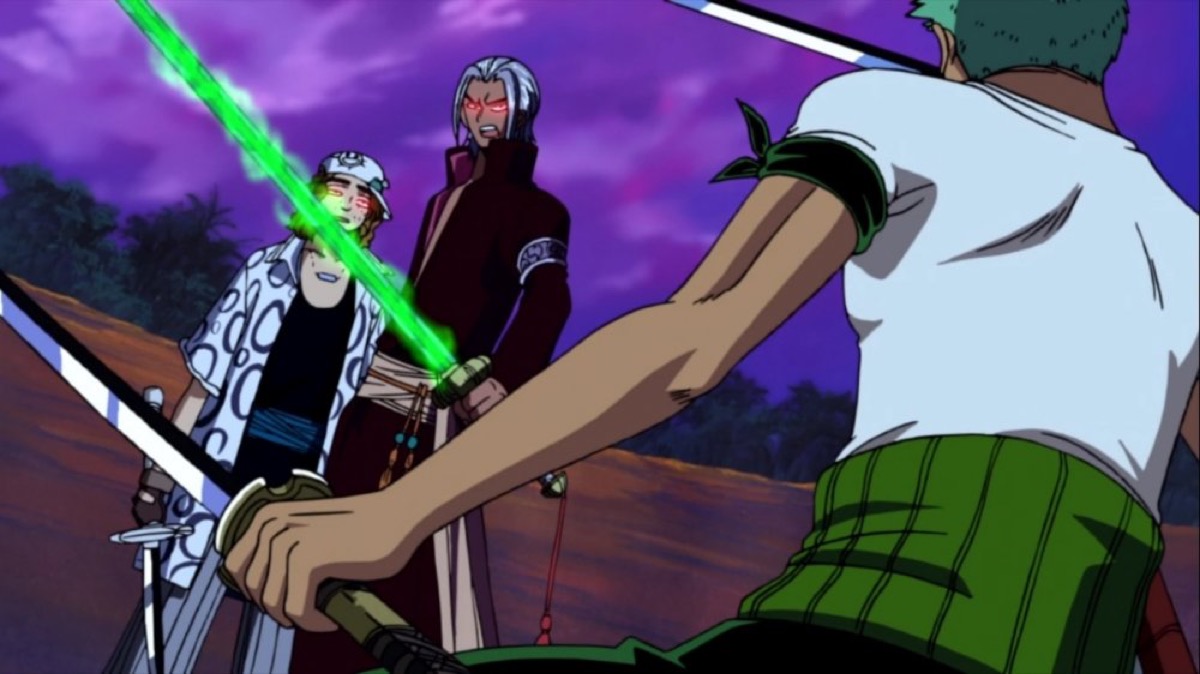 Zoro faces off against a man with a cursed glowing sword in "The Cursed Holy Sword" 
