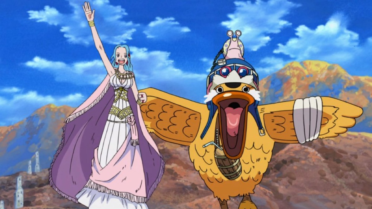 A blue haired girl stands in the desert with a weird bird thing in "The Desert Princess and the Pirates"  