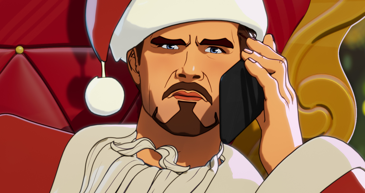 Tony Stark answers his cell phone while dressed like Santa Claus.