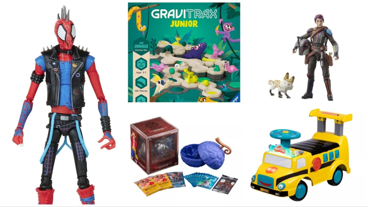 Collage of toys including: Gravitrax Jr., Marvels Legends Spider-Man Across the Spider-verse Hobie, Flybar Play-Doh Ride On Activity School Bus, Star Wars The Vintage Collection Sabine Wren Deluxe Action Figures, and One Piece Devils Fruit Collection 1.