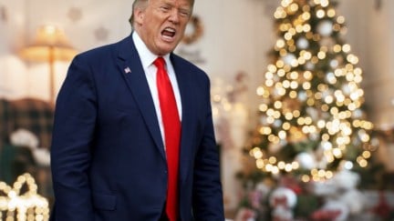 Trump yelling overlaid on a home's interior decorated for christmas.