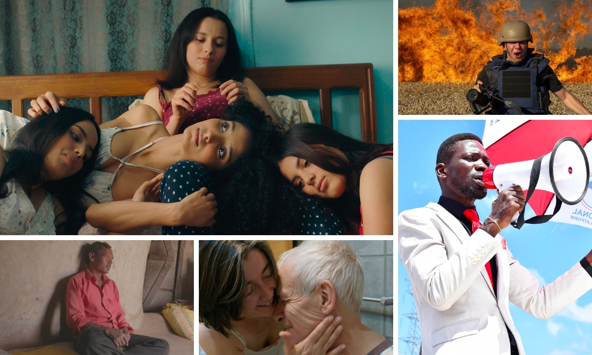 A collage featuring the five documentaries nominated for Best Documentary Feature at the 2024 Oscars (clockwise from top left): 'Four Daughters, '20 Days in Mariupol,' 'Bobi Wine: The People's President,' 'The Eternal Memory,' and 'To Kill a Tiger'