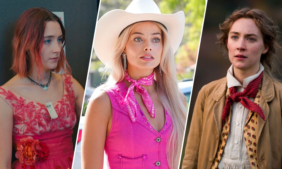 A collage featuring the films 'Lady Bird,' 'Barbie,' and 'Little Women,' all directed by Greta Gerwig