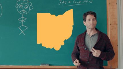 Glenn Howerton in AP Bio talking about California but it's covered by an image of Ohio.