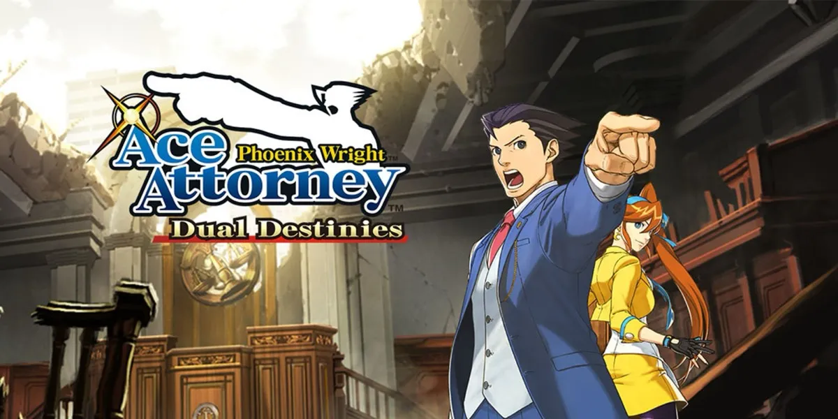 Ace Attorney Phoenix Wright shouting and pointing with a woman standing behind him in "Dual Destinies" 