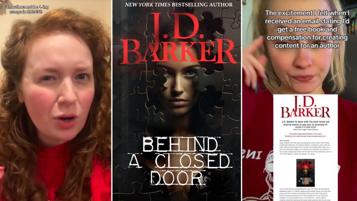 BookTokers Alisha Galvan and Cian Harper and the cover of J. D. Barker's Behind a Closed Door