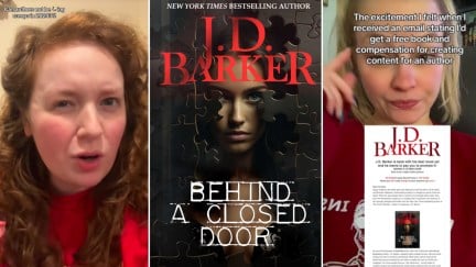 BookTokers Alisha Galvan and Cian Harper and the cover of J. D. Barker's Behind a Closed Door