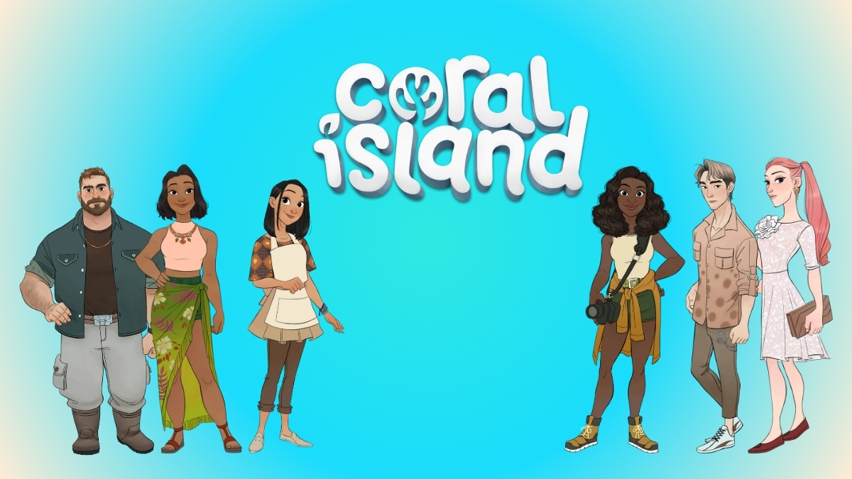 Characters from Coral Island surround the game logo, all against a teal gradient background