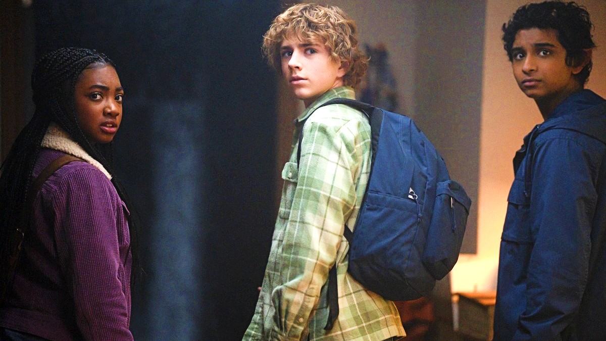 Leah Sava Jeffries as Annabeth, Walker Scobell as Percy, and Aryan Simhadri as Grover in Percy Jackson and the Olympians