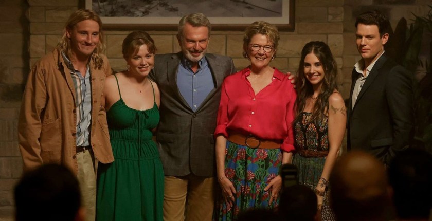 Conor Merrigan-Turner as Logan, Essie Randles as Brooke, Sam Neill as Stan, Annette Bening as Joy, Alison Brie as Amy, Jake Lacy as Troy  (Photo by: Vince Valitutti/PEACOCK)