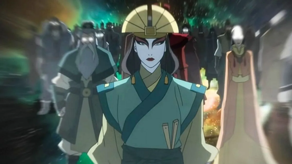 Avatar Kyoshi stands in the middle of other past avatars.