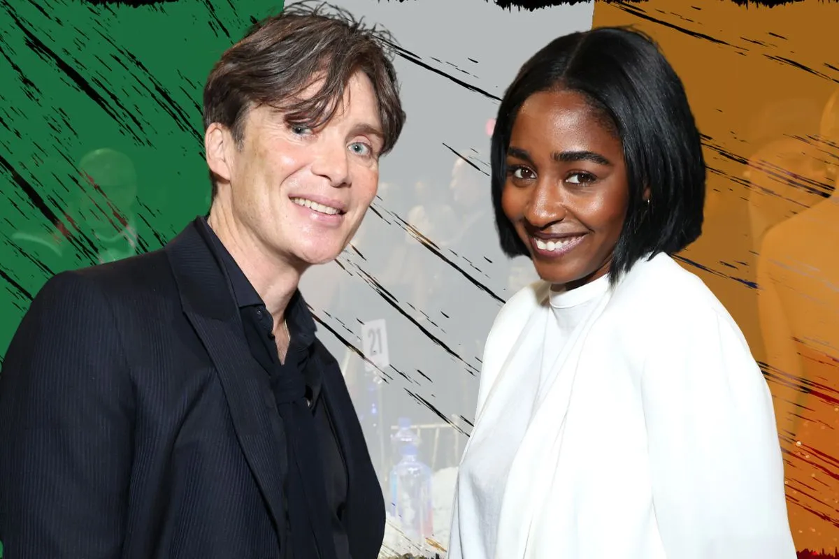 Cillian Murphy and Ayo Edebiri with FIJI Water at The 29th Annual Critics Choice Awards on January 14, 2024 in Los Angeles, California. Behind them is a big Irish Flag.
