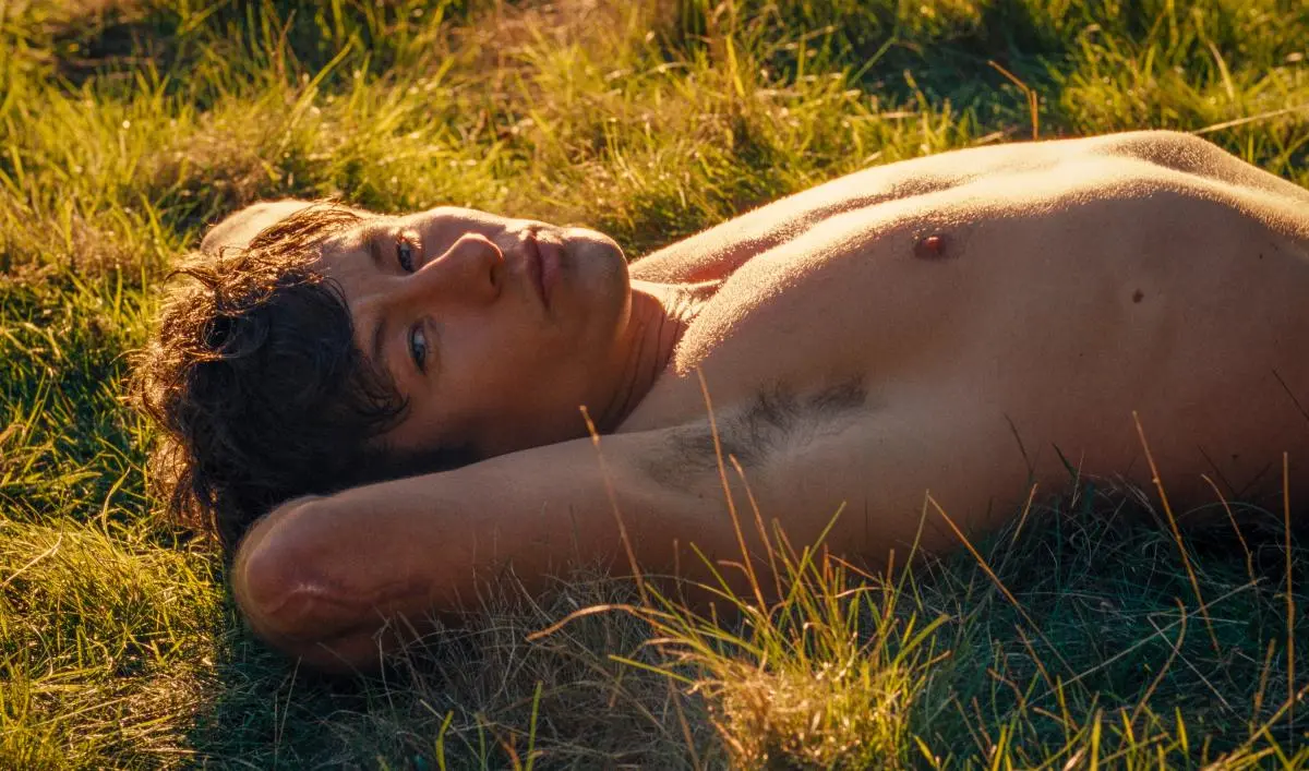 Oliver Quick (Barry Keoghan) relaxes nude in the grass in 'Saltburn.'