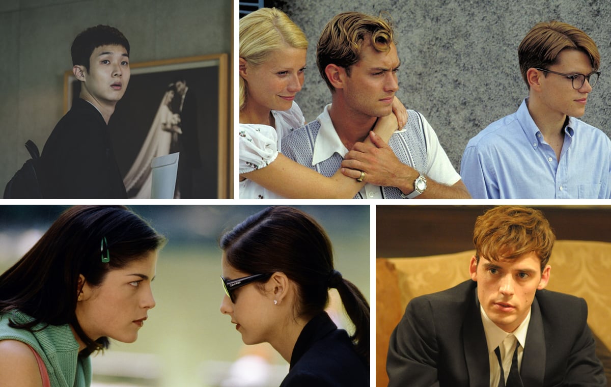 A collage featuring some of the best movies like 'Saltburn' (clockwise from top left): 'Parasite,' 'The Talented Mr. Ripley,' 'The Riot Club,' and 'Cruel Intentions'