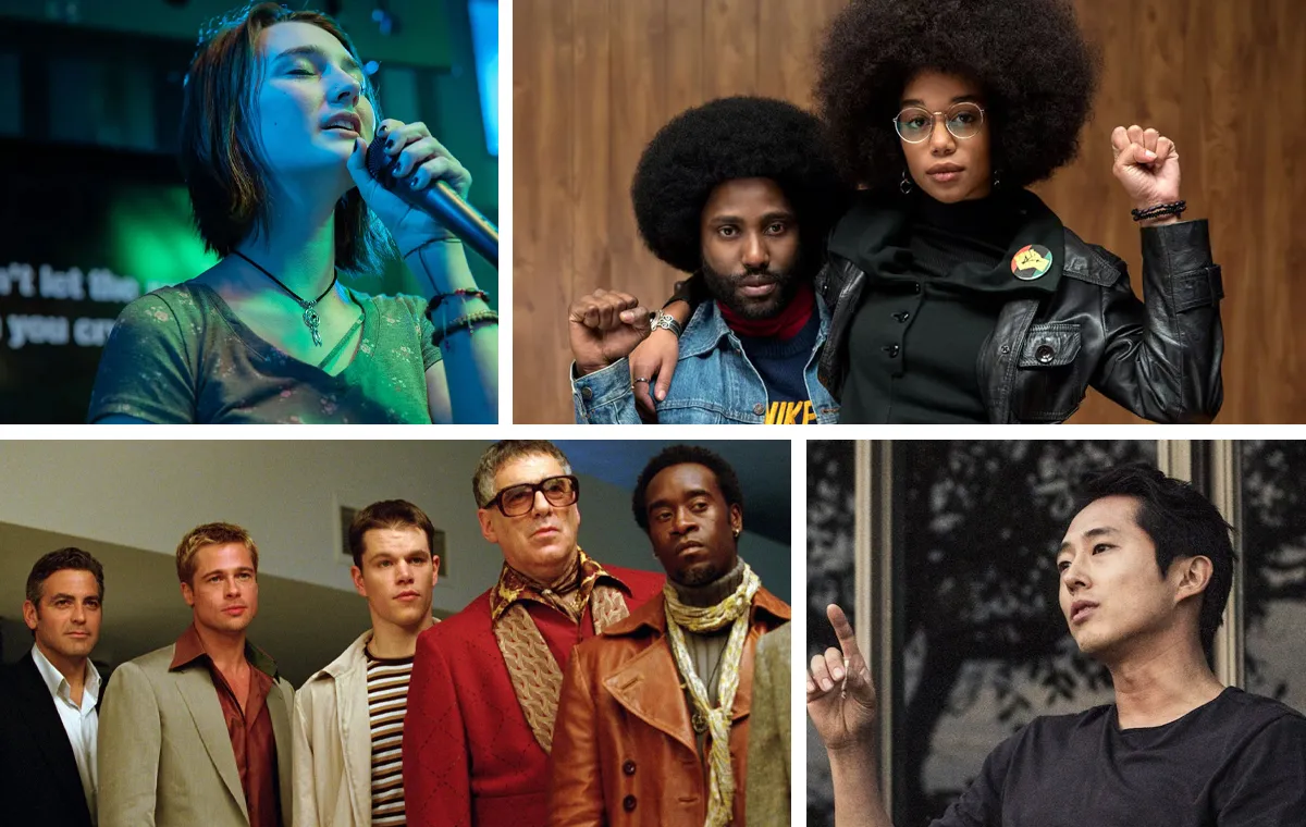 A collage featuring some of the best movies on Peacock right now (clockwise from top left): 'Never Rarely Sometimes Always,' 'BlacKkKlansman,' 'Burning,' and 'Ocean's Eleven'