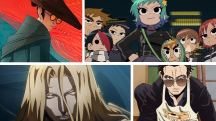 A collage featuring some of the best original anime on Netflix (clockwise from top left): 'Blue Eye Samurai,' 'Scott Pilgrim Takes Off,' 'The Way of the Househusband,' and 'Castlevania'