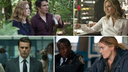 A collage featuring shows similar to 'True Detective' (clockwise from top left): 'Sharp Objects,' 'The Fall,' 'Mare of Easttown,' and 'Mindhunter'