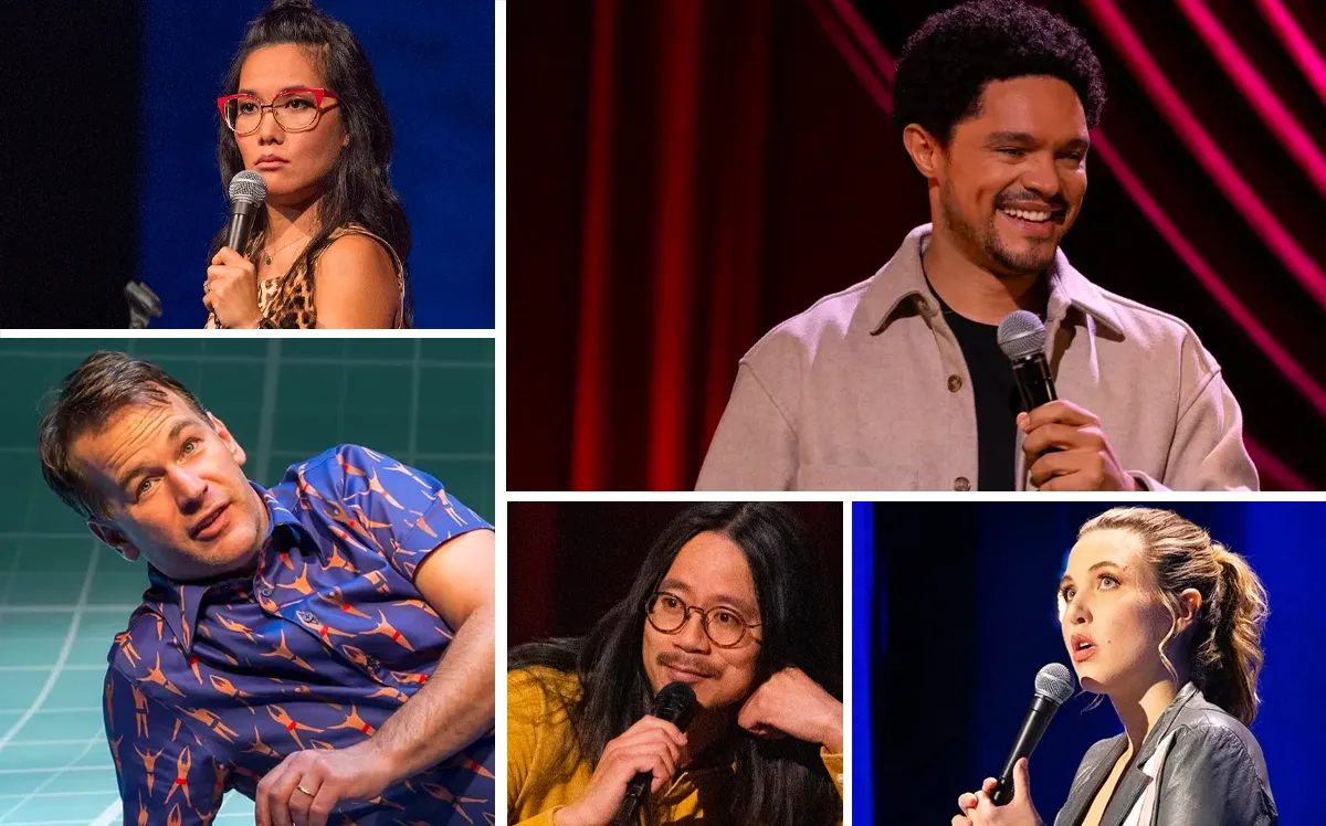 A collage featuring some of the best stand-up comedy specials on Netflix (clockwise from top left): Ali Wong's 'Hard Knock Wife,' Trevor Noah's 'Where Was I,' Taylor Tomlinson's 'Look at You,' 'Sheng Wang's 'Sweet and Juicy,' and Mike Birbiglia's 'The Old Man and the Pool'