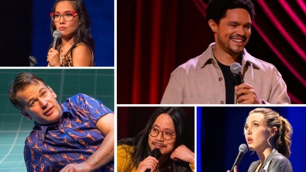 A collage featuring some of the best stand-up comedy specials on Netflix (clockwise from top left): Ali Wong's 'Hard Knock Wife,' Trevor Noah's 'Where Was I,' Taylor Tomlinson's 'Look at You,' 'Sheng Wang's 'Sweet and Juicy,' and Mike Birbiglia's 'The Old Man and the Pool'