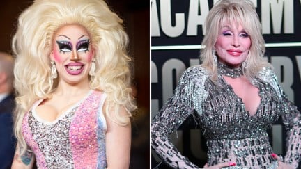 Drag queen Brigitte Bandit opposite Dolly Parton, appearing at the Academy of Country Music Awards in 2023