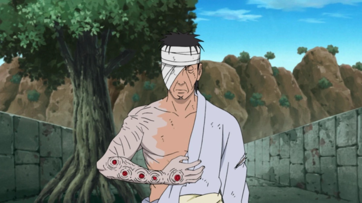 Danzo unwrapping his arm full of sharingan eyes in "Naruto"