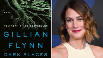 The cover of 'Dark Places' opposite a photo of author Gillian Flynn
