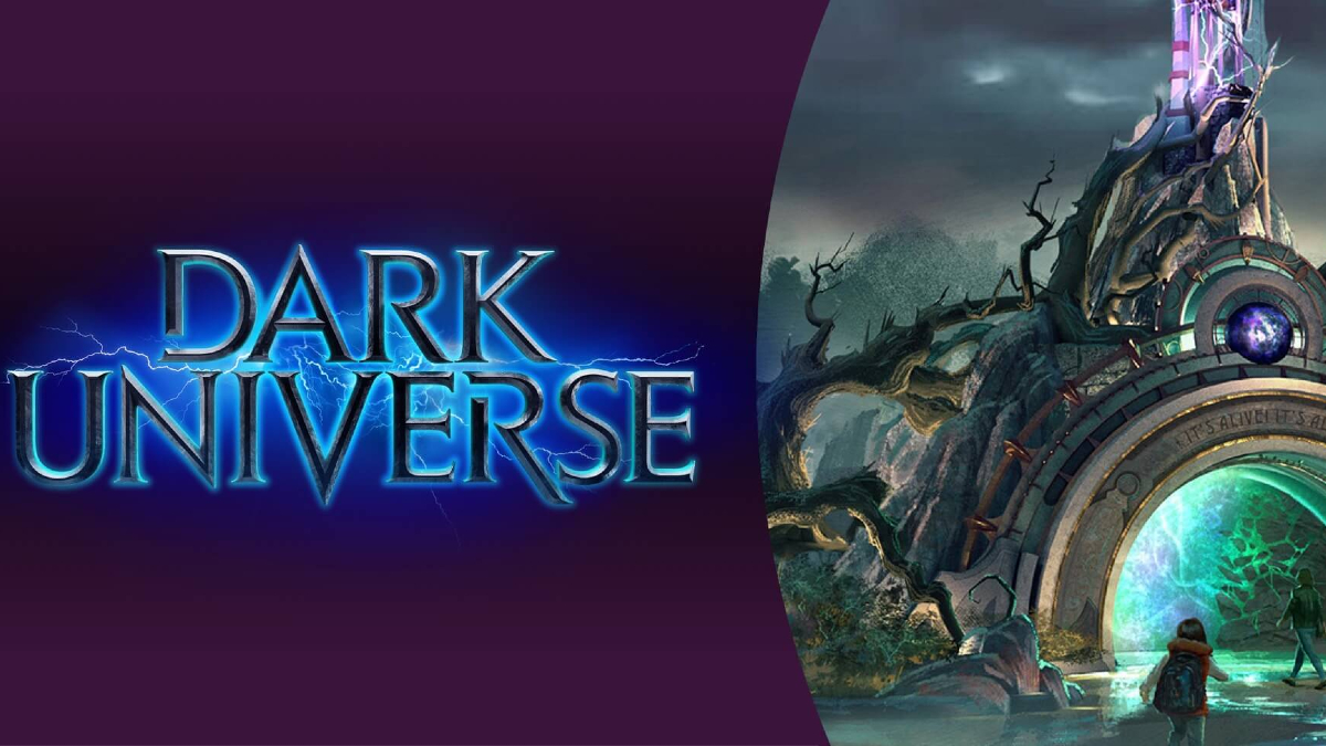 Logo and key art for Dark Universe, one of five immersive worlds in Universal's new Epic Universe theme park