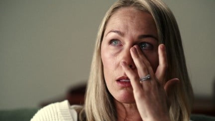Denise Huskins cries in 'American Nightmare.'