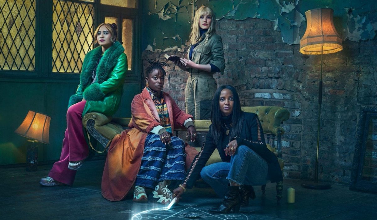 L-R: Jules (Molly Harris); Sammie (Babirye Bukilwa); Geri (Poppy Lee Friar); Kat (Alisha Bailey) for the BBC's supernatural drama Domino Day