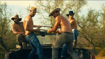 Four sweaty cowboys work together in 'Escort Boys.'