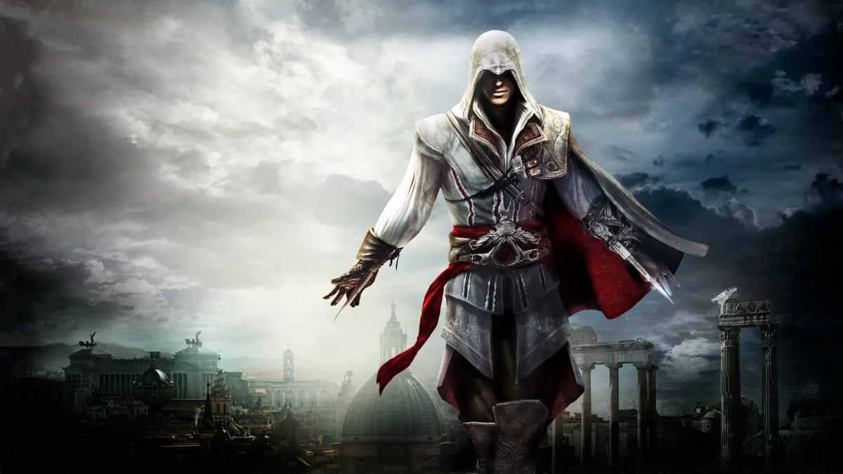 A hooded assassin stands with arms outstretched in "Assassin's Creed"