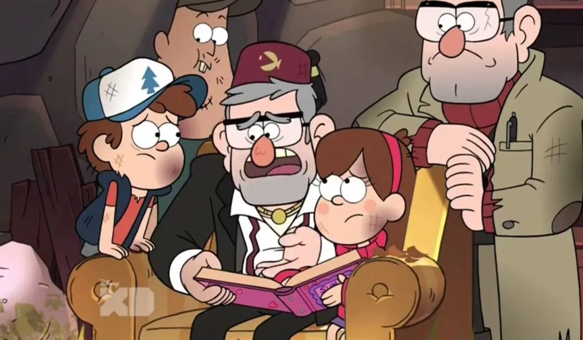 Grunkle Stan surrounded by Soos, Mabel, Dipper, and Grunkle Ford after losing all his memories.