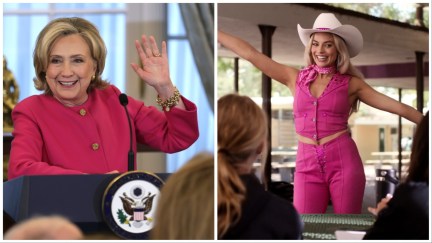 Side-by-side pictures of Hillary Clinton in a pink pantsuit and Margot Robbie as Cowgirl Barbie in 'Barbie'.