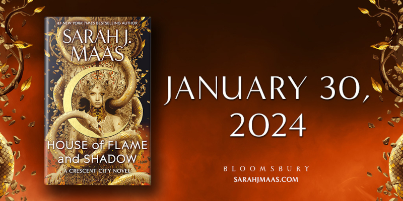 A promotional image from Bloomsbury, showing the House of Flame and Shadow release date