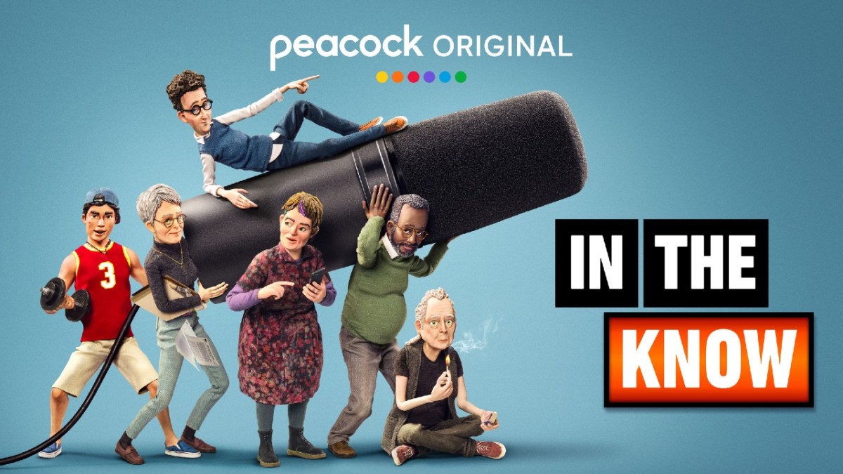 Claymation characters hold up a big microphone in the promo art for Mike Judge's series 'In the Know'.
