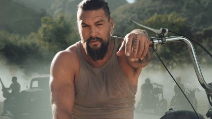 Jason Momoa on the back of a motorcycle for 'On the Roam.'
