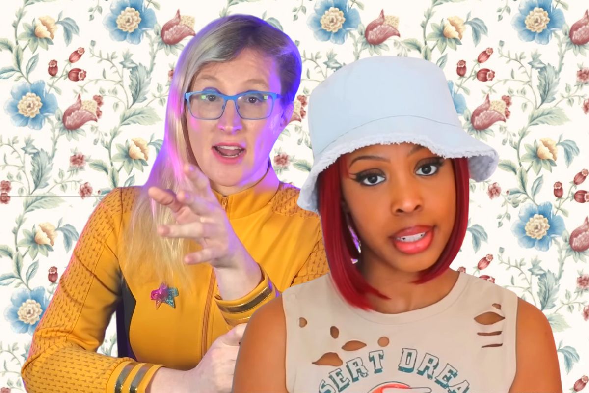 Tee Noir in her video on 'The Ultimatum' and Jessie Gender in her 'Picard' season three recap both in front of Hmbomberguy's famous background.