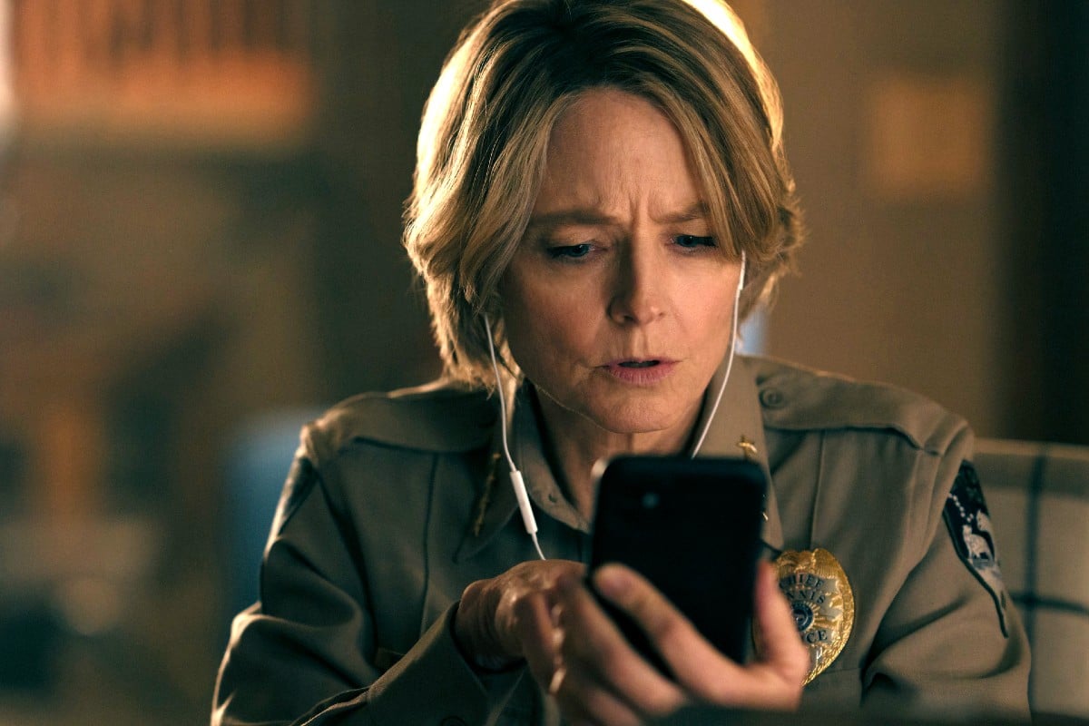 Detective Liz Danvers (Jodie Foster) looks nervously at her phone in 'True Detective Night Country.'