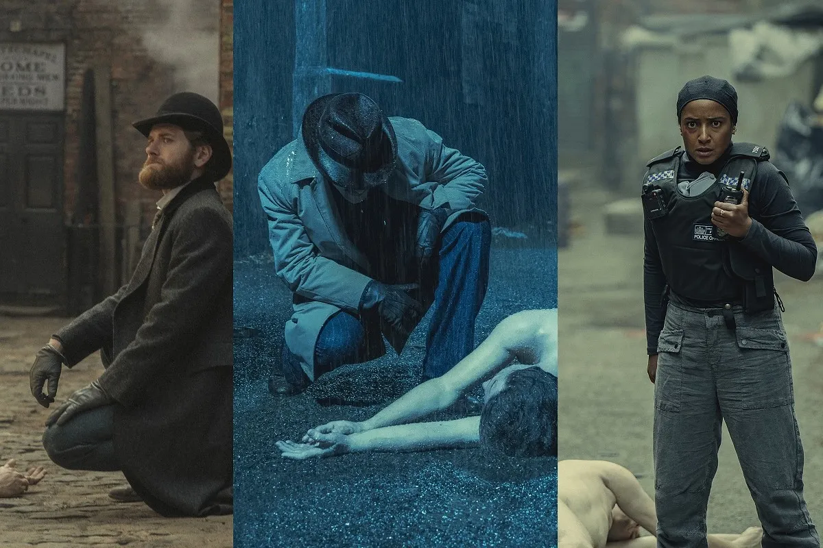 Composite image of three characters in the Netflix show 'Bodies.' Left: Kyle Soller as Alfred, a white man in a late 1800s coat and bowler hat with a red beard who's kneeling on a cobblestone street next to a corpse. Center: Jacob Fortune-Lloyd as Charlie in a 1940s style fedora, trench coat, and gloves crouched on a paved street in the rain next to a corpse. We can't see his face. Right: Amaka Okafor as Shahara, a Black, Muslim woman with her hair covered in a black headwrap wearing a bulletproof vest over a black turtleneck and grey pants. She's talking into a walkie-talkie and standing on a paved street next to a corpse. 