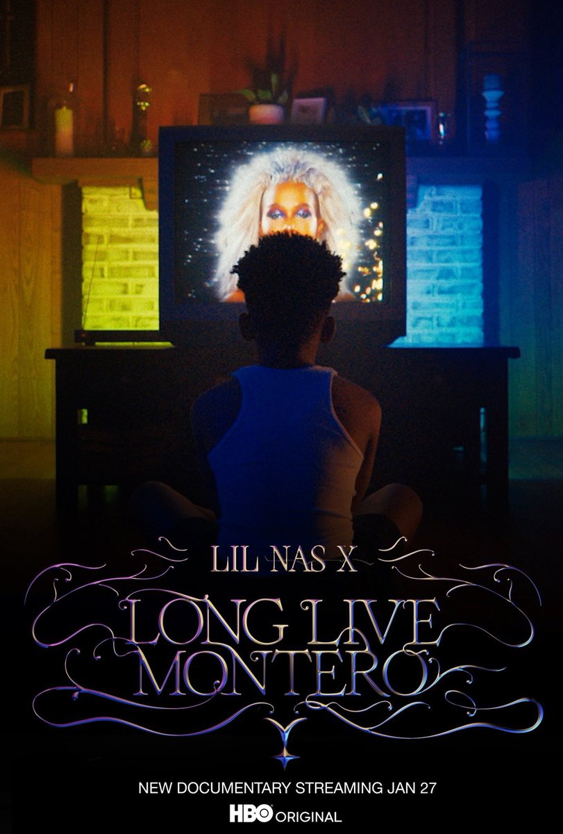 Black child entranced by a femme person on the TV on the poster for 'Lil Nas X: Long Live Montero.'