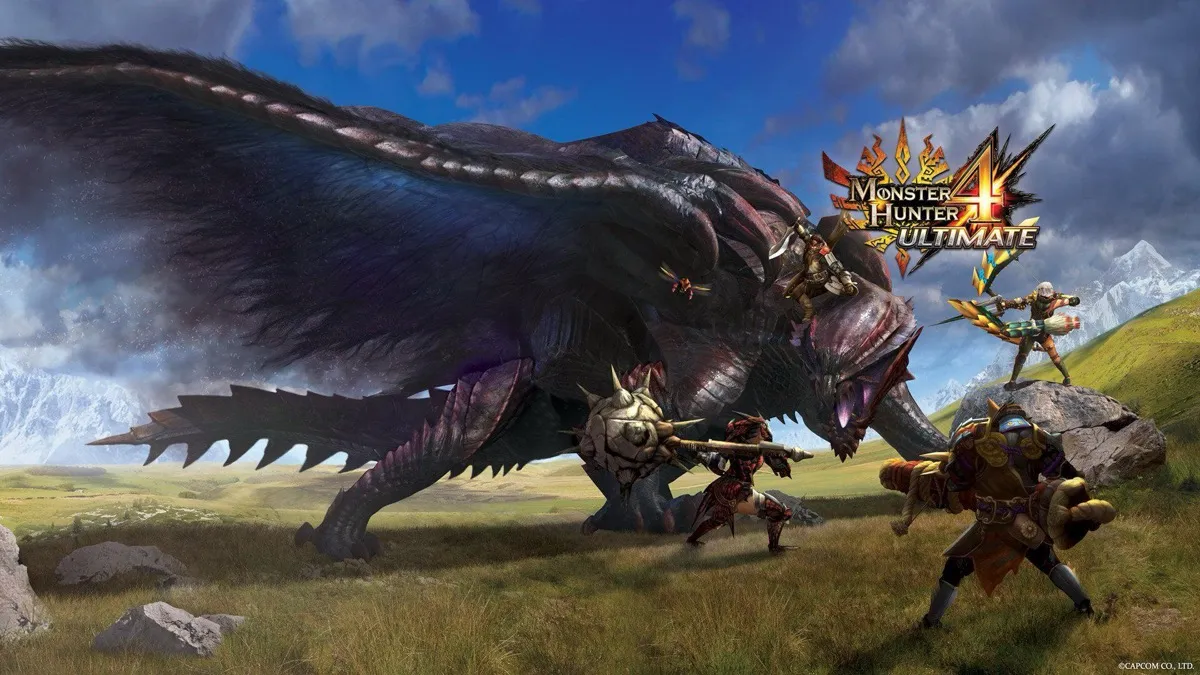 A group of hunters face off against a dinosaur like monster in "Monster Hunter 4 Ultimate" 