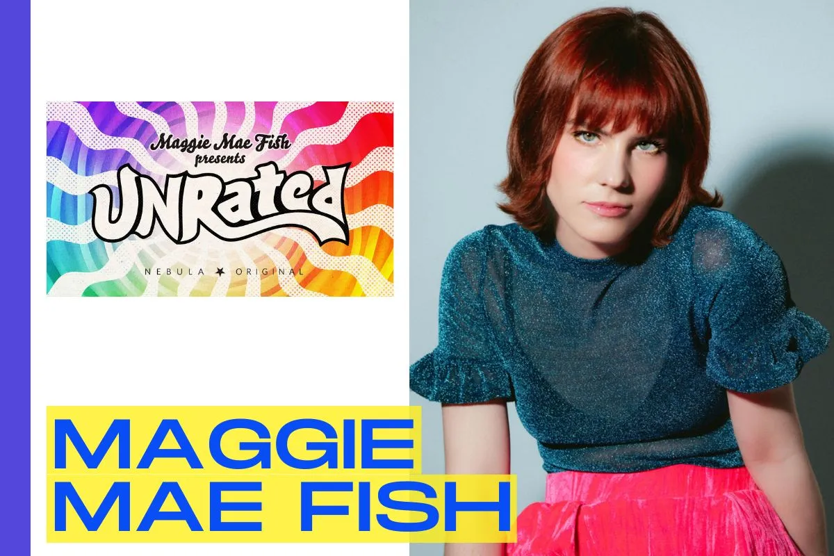 Maggie Mae Fish next to her Nebula original 'Unrated.'