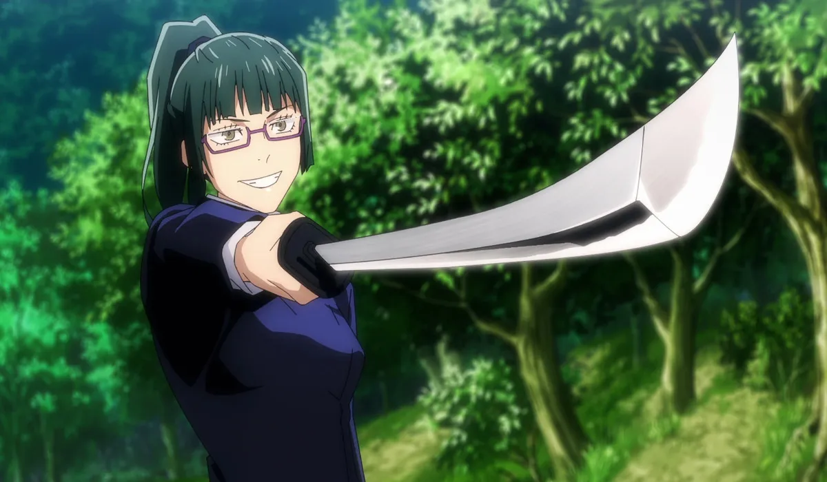 Maki pointing Miwa's own katana right back at her in Jujutsu Kaisen.