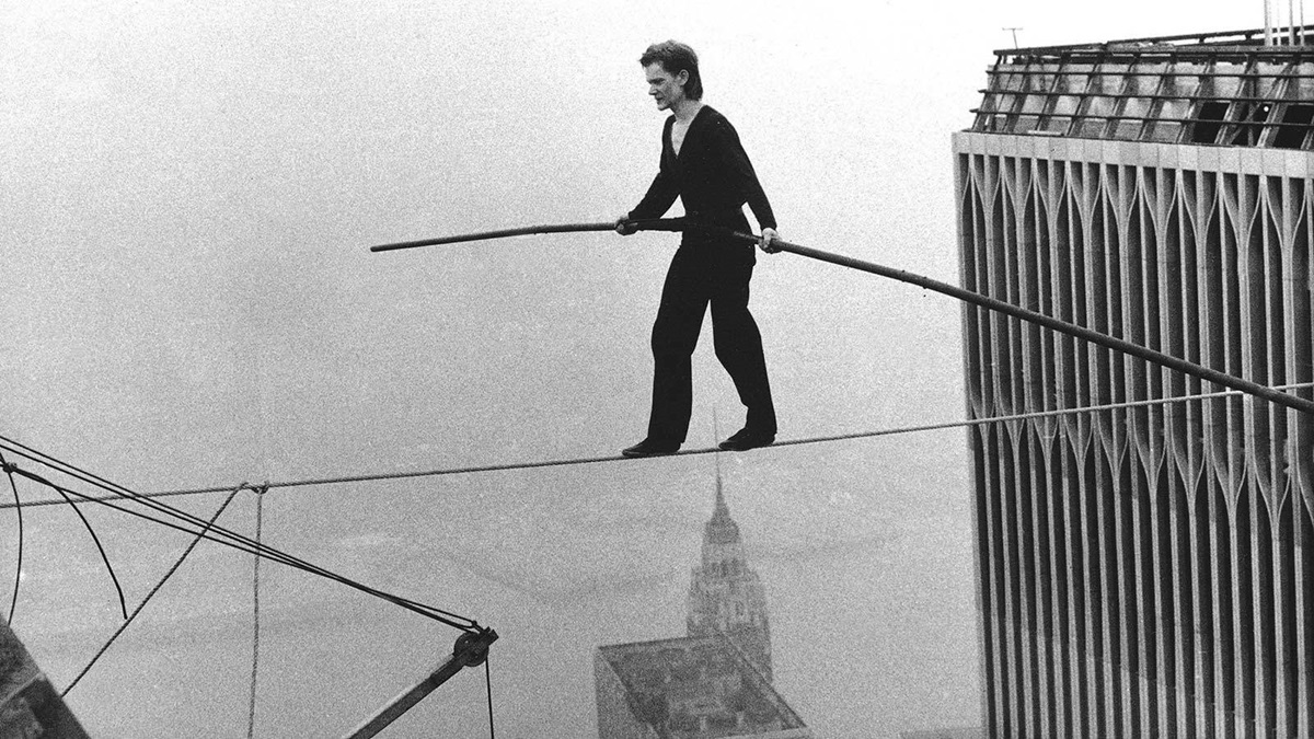 Philippe Petit makes high-wire walk between the Twin Towers of New York's World Trade Center in 1974.