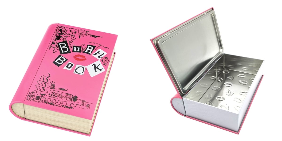 Interior and exterior of a popcorn tin that looks like the Burn Book from Mean Girls