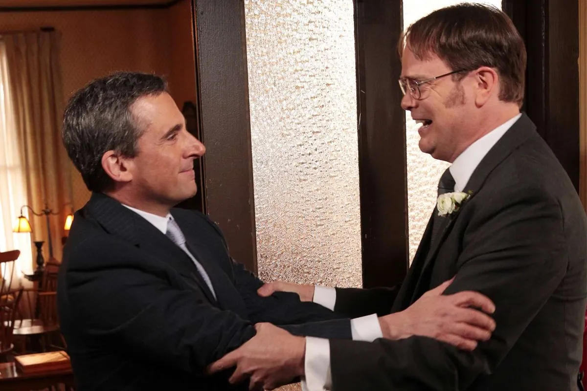 Michael (Steve Carell) and Dwight (Rainn Wilson) share a moment during finale of The Office